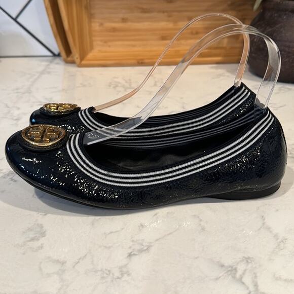 Tory Burch Navy Blue Patent Leather Croline Scrunch Ballet Flats  size 6.5 - Picture 5 of 8